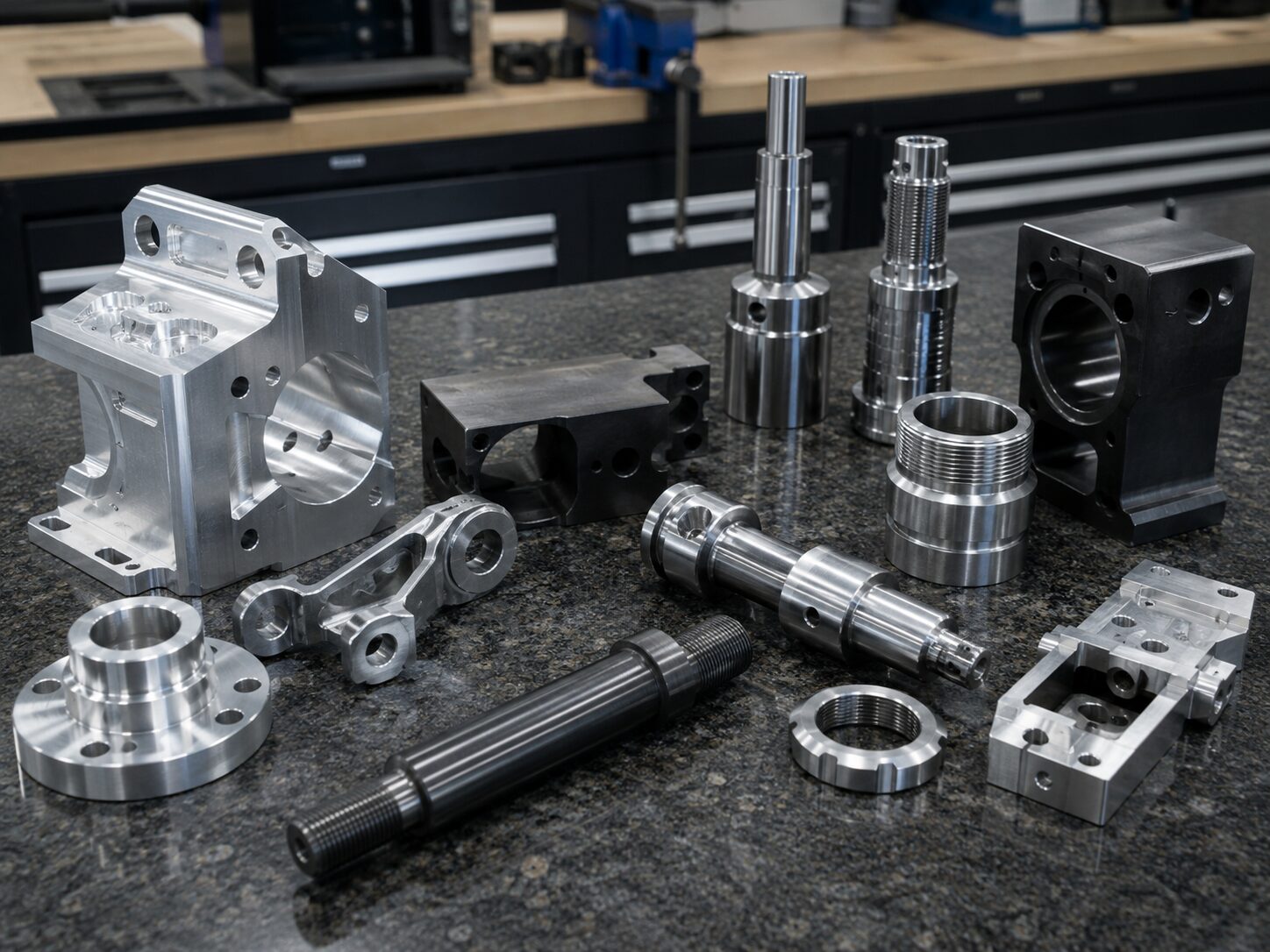 Batch of CNC machined parts ready for inspection
