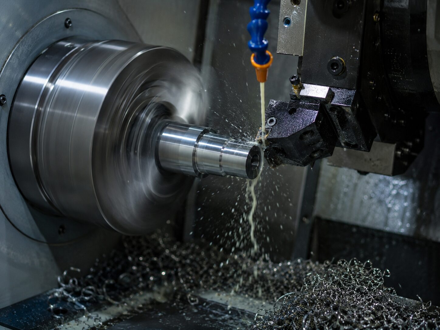 CNC lathe running coolant on a stainless steel shaft