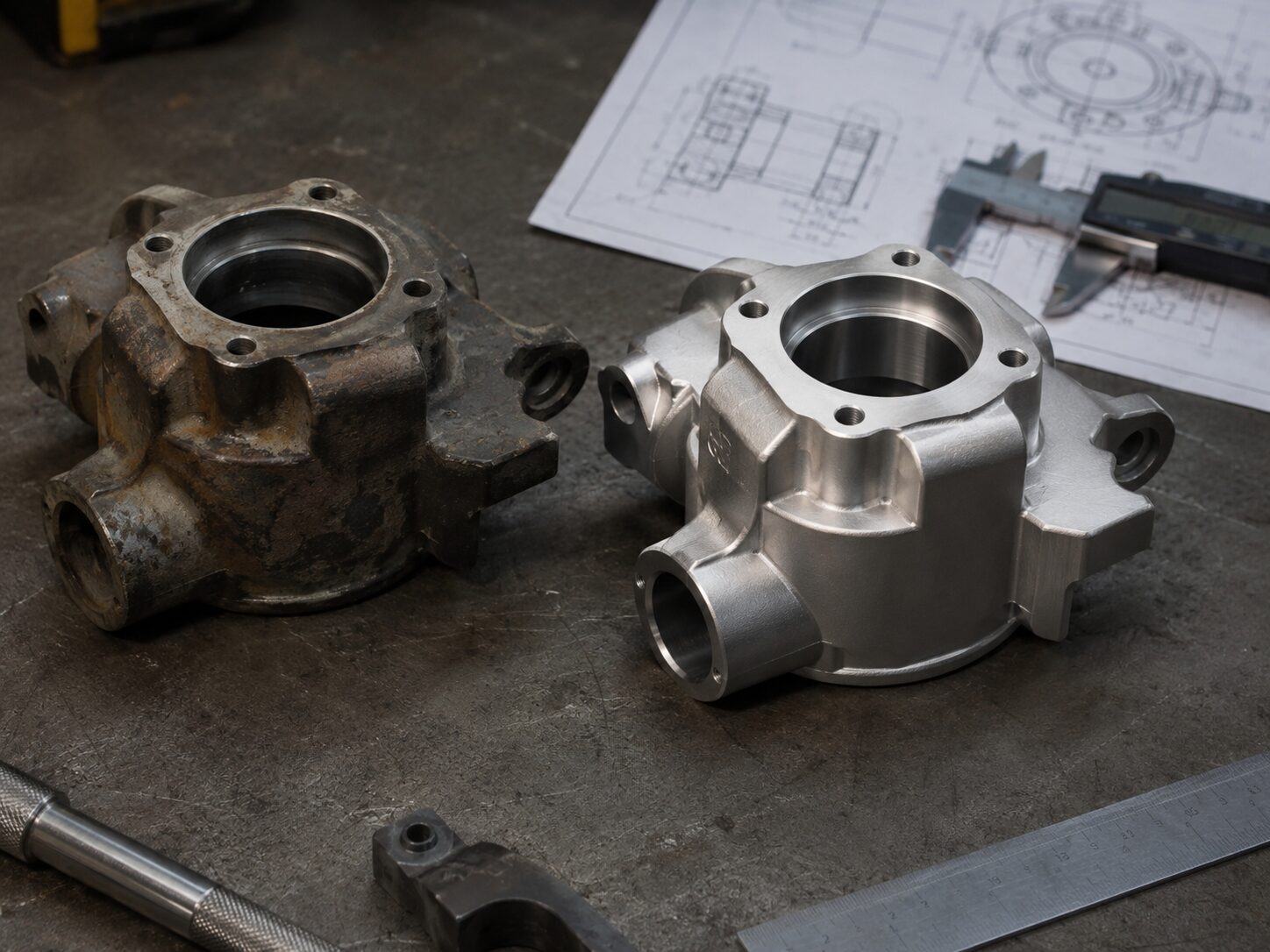 Worn component being measured for reverse engineering
